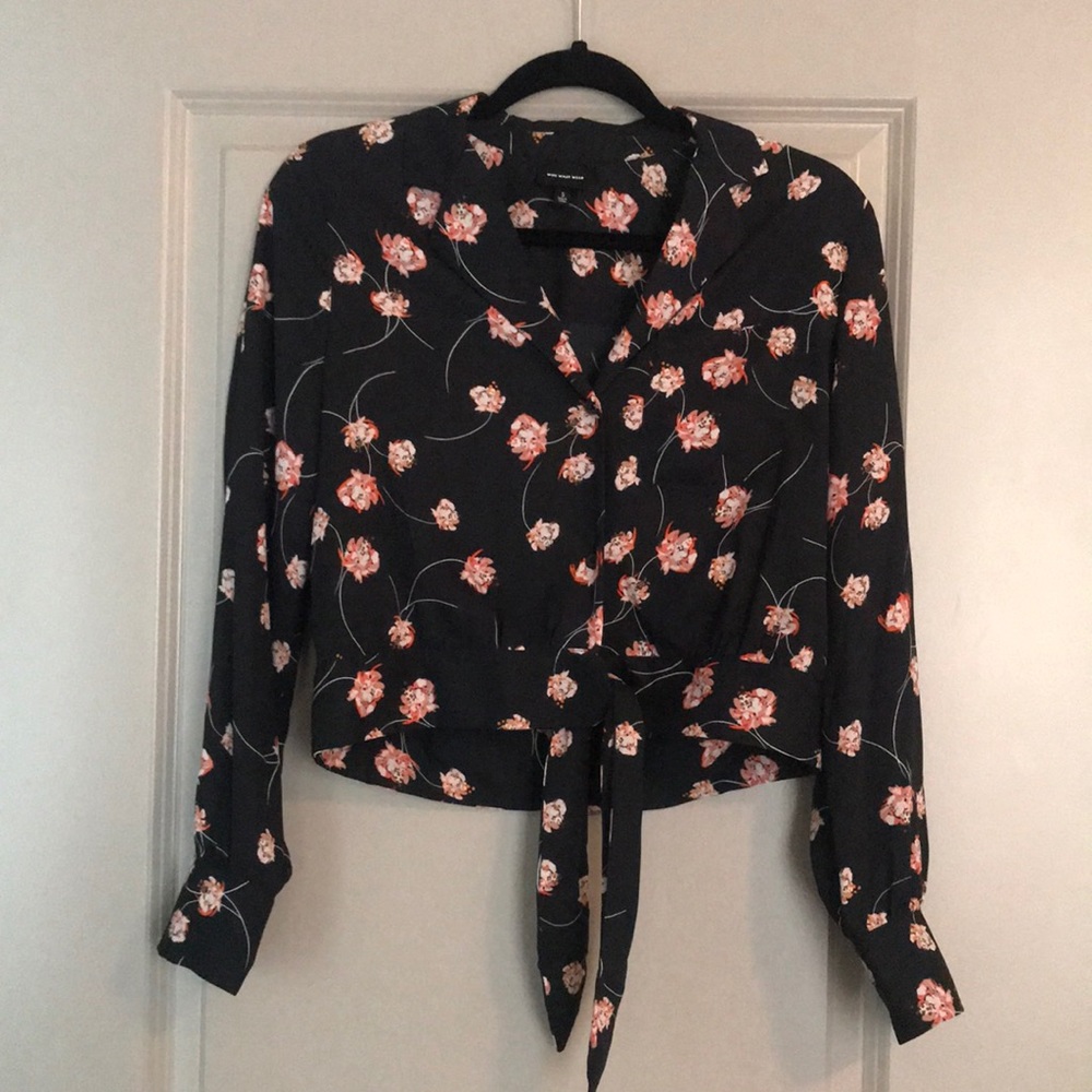 Who What Wear floral button blouse with tie, slightly cropped
